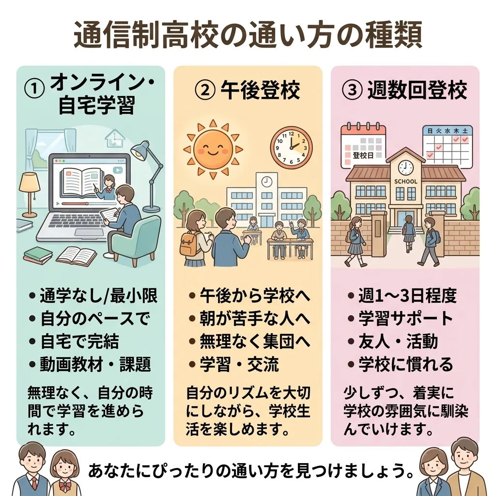通信制高校の通い方の種類：週5日、週1〜3日、自宅学習中心